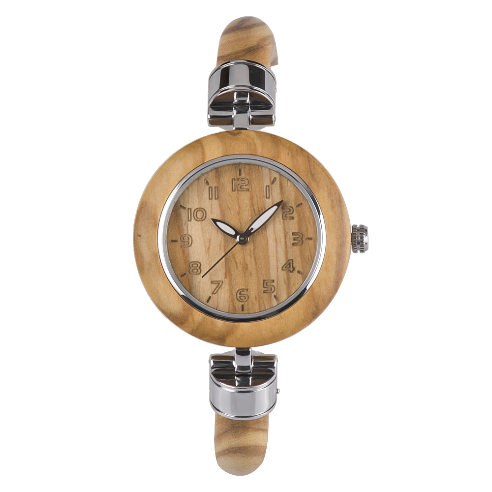 Round Shape Wood Bezel Quartz Watch Women Special Design Private Label Logo Watch for Ladies