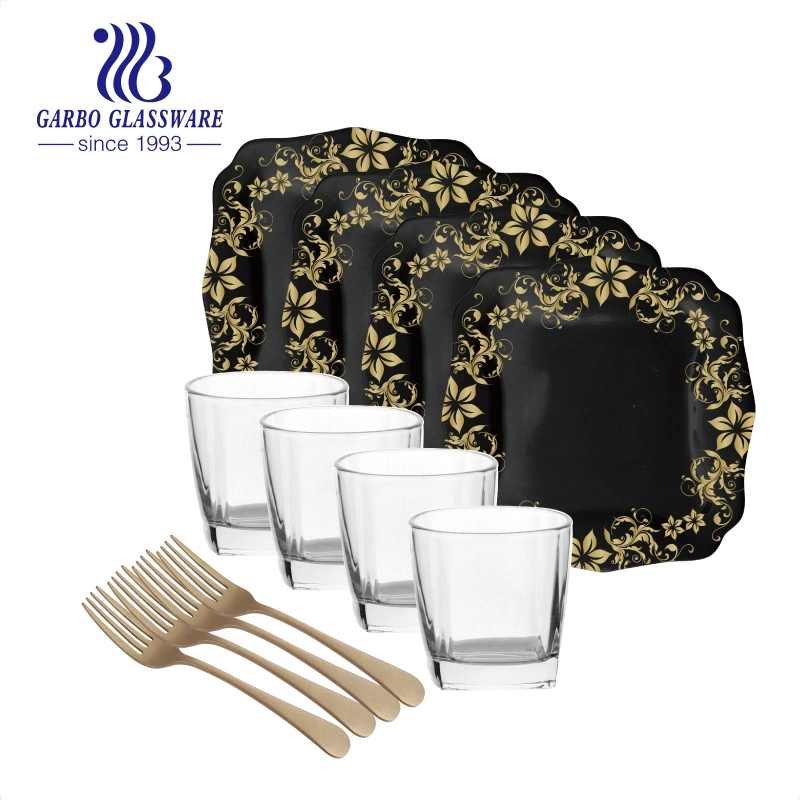 Geschirr Black Opal Glas Servierplatte klar Glas Tasse mit Gold Decal mit Dinner Löffel Fancy 12pcs Dinner-Set