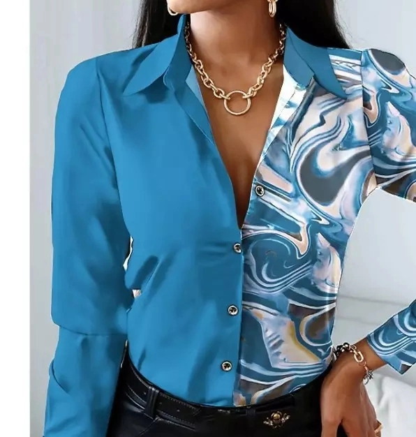 Women Blouses & Tops Fashionable Clothes Contrasting Color Stitching Casual Long Sleeved