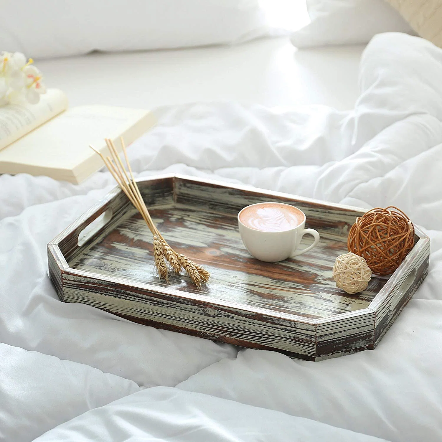 Custom Printed Hotel Homestay Service Breakfast Tray with Handle Old Shabby Style Square Wooden Tray