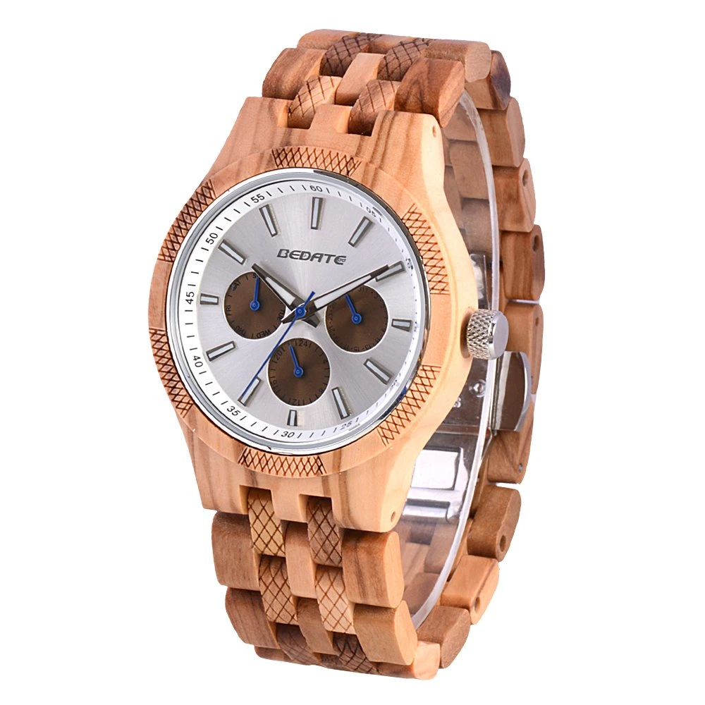 Free Box Executive Leather Wooden Timepiece Mens Wrist Watches with Wood Chips Band Chronograph Japan Movement Quartz Watch