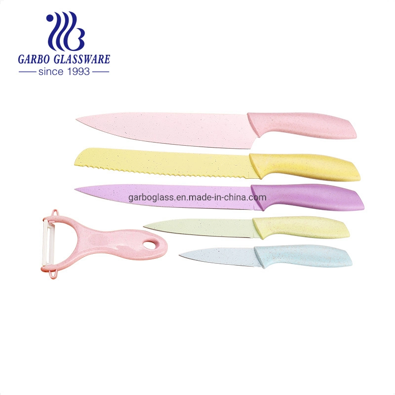 Stainless Steel Chef Knife Set with Wheat Straw Plastic Handle Servicing Butter Knives Kitchenware with Gift Box Pack