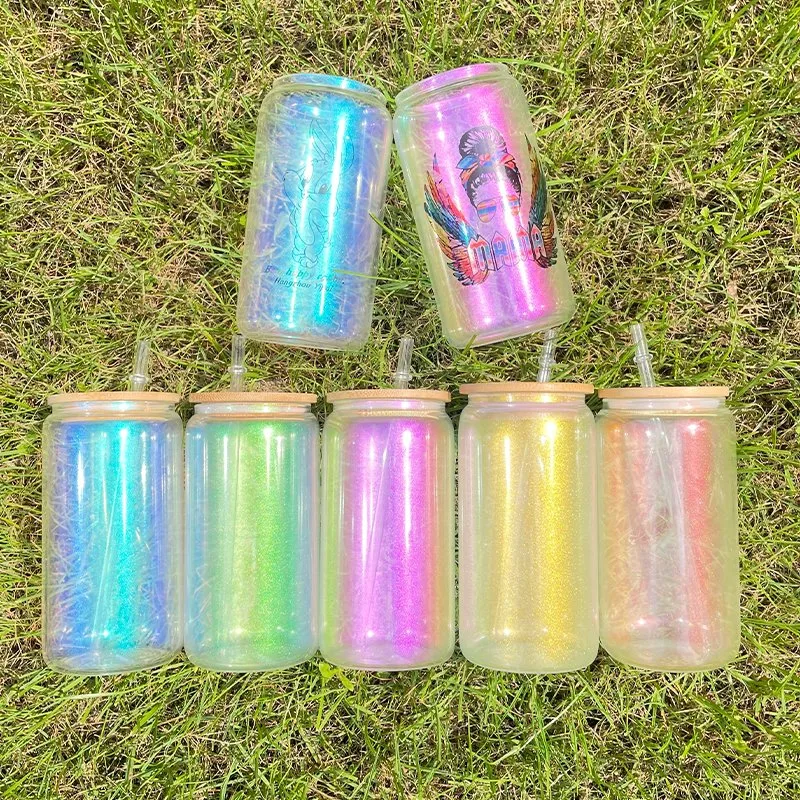 Sublimação de 20 ml adequada para vinil Rainbow Ombre Color glitter transparent Lata de vidro transparente para café com tampa de bambu e. Palha para impressão de bricolage