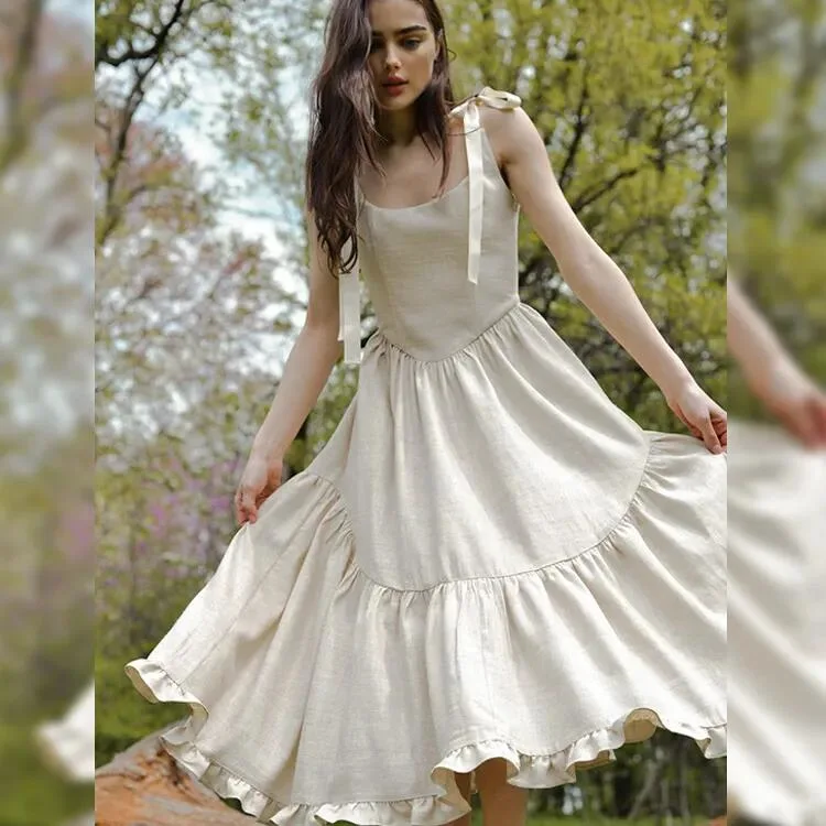 2023 Strapless Lace-up Women Linen Dress Summer Fit and Flare White Linen Dresses for Women