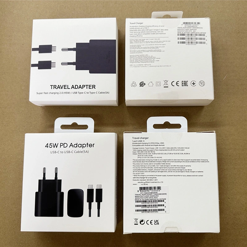 Carregador europeu de 2 pinos mais vendido, adaptador de 3 pinos, bloco, cubo, bico US Plug Adapt para Samsung 45W Cargatores Ta845