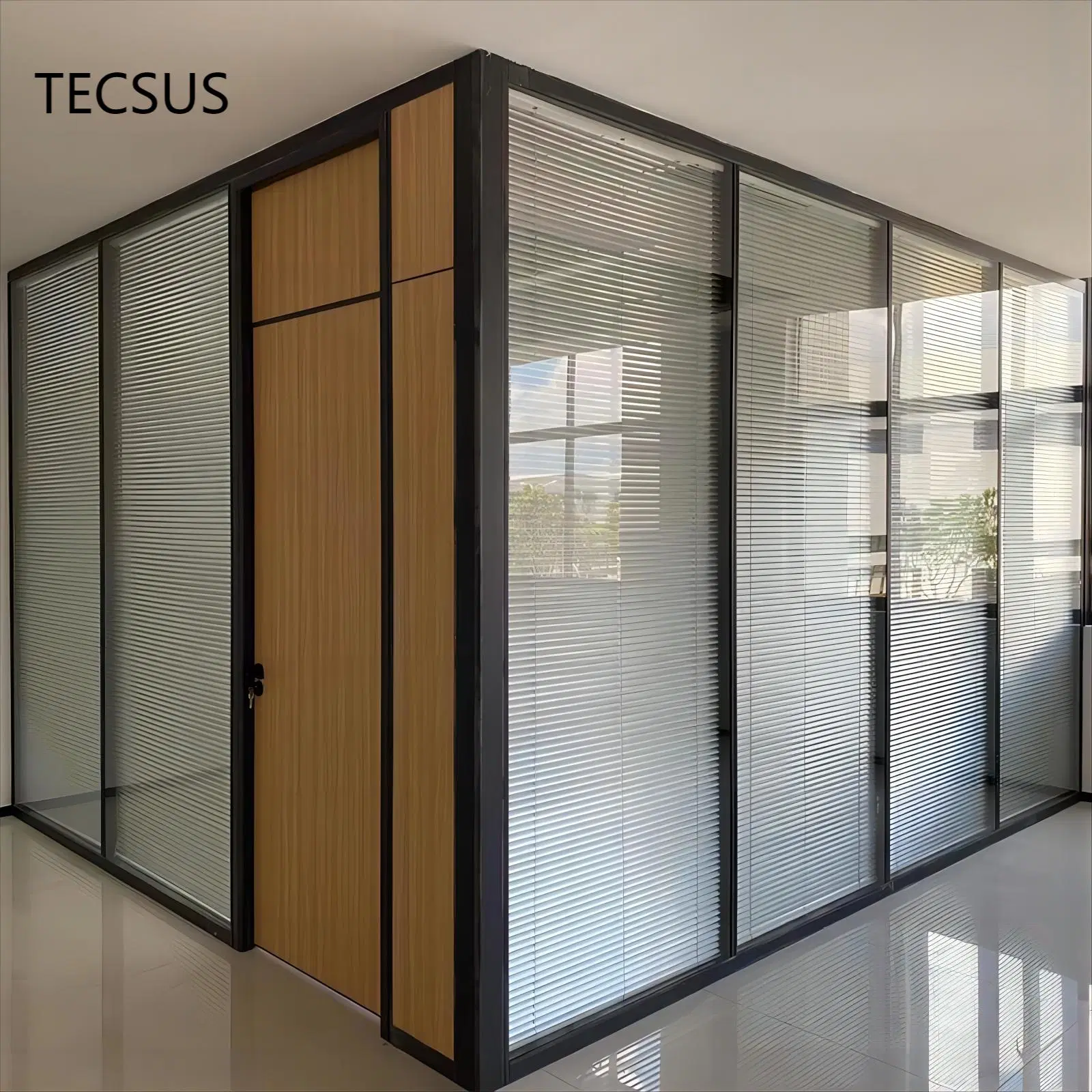 Soundproof Aluminum Frame Double Glazing Tempered Blind Louver Glass Partition Walls with Shutter