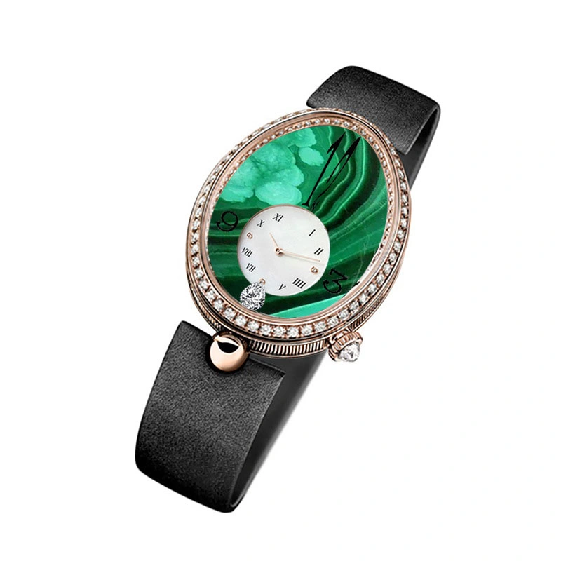 Queen of Naples Series femmes′ S Watch ovale en losange incrusté Real Montre en acier fin en quartz vert malachite (CFWT-014)