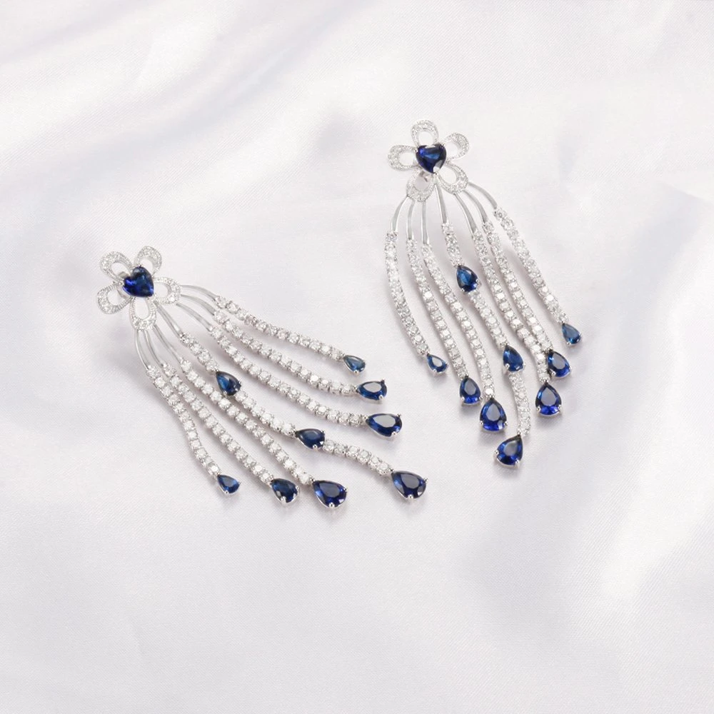 Bridal Wedding Fashion Jewelry Pendiente Aretes Dubai Bridal Earrings for Women Long Tassel Earrings for Bridal Sterling Silver 925 Sapphire Earrings