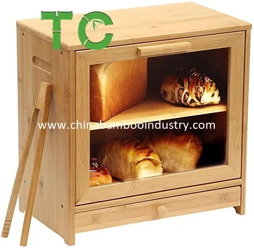 Wholesale/Supplier Bamboo Bread Box with Sliding Cutting Drawer Bread Bin with Front Window, Adjustable 2 Layer Food Storage Bin with Removable Layer