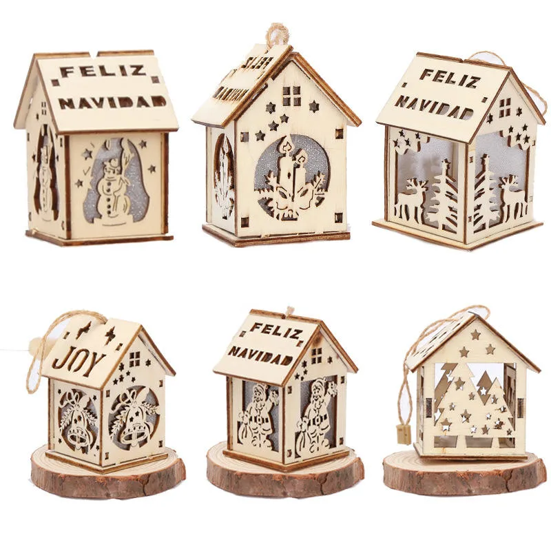 Christmas Tree Ornament Pendants Wooden Craft Hanging Village Houses with Decoration Lights