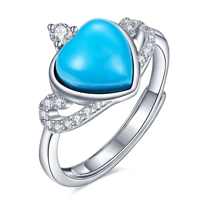 Mujer Elegante anillo de dedo corazón cortar piedra turquesa anillo plata