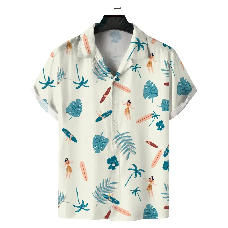 Camiseta estampada étnica para hombre de verano cuello de pie algodón a rayas de lino Camisa hawaiana suelta de manga corta