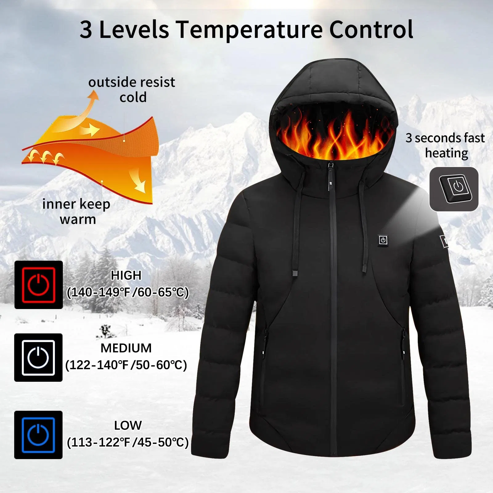 Chaqueta con capucha calefaccionada Calefacción eléctrica Invierno caliente abrigo térmico Hombre Mujeres para esquiar en moto