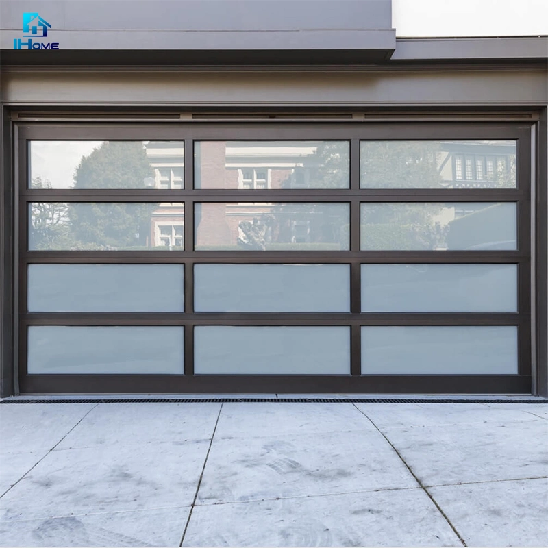 Black Aluminum Frame Automatic Frosted Tempered Glass Panels Garage Door Prices