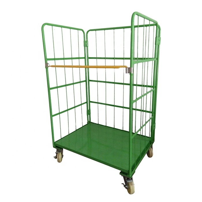 Warehouse Storage Three-Side Folding Wire Mesh Roll Container Rolling Cart Cage Trolley for Transportation