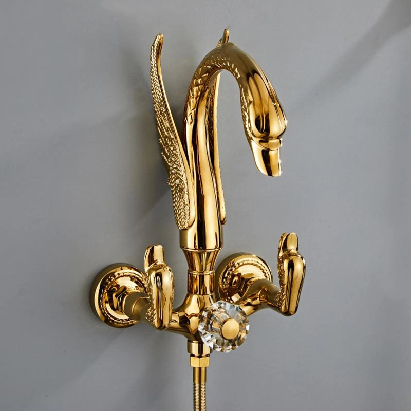 Gold Bathroom Swan Bath Mixer Tap with Hand Shower 5 Holes Deck Mounted Bathtub Faucet