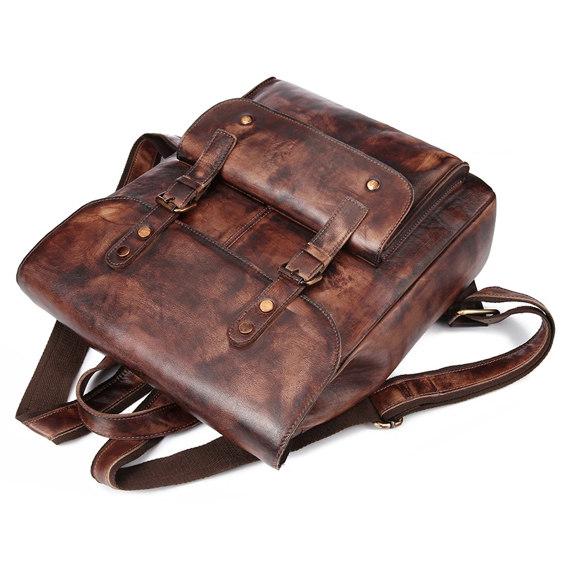 Factory Price Brand Design Good Quality Vintage Brown Leather Backpack Bag for School