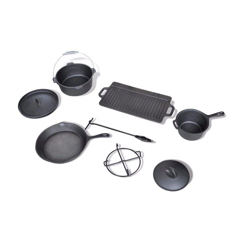 7-Piece Cast Iron Camping Pot Cookware Set with Wooden Box