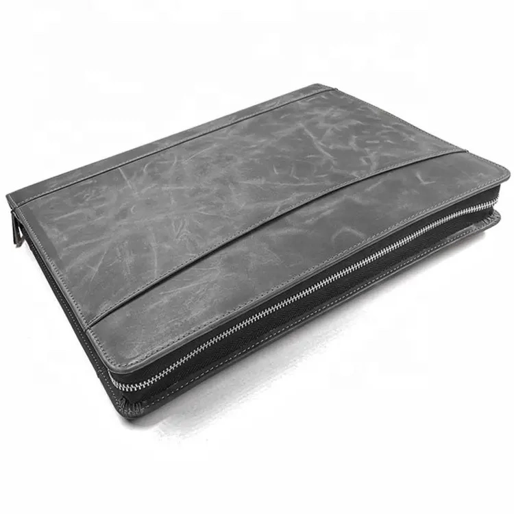 A4 PU Zipper File Folder Wholesale/Supplier Custom Black Brown Zipped Around Document Padfolio Leather Business Portfolio