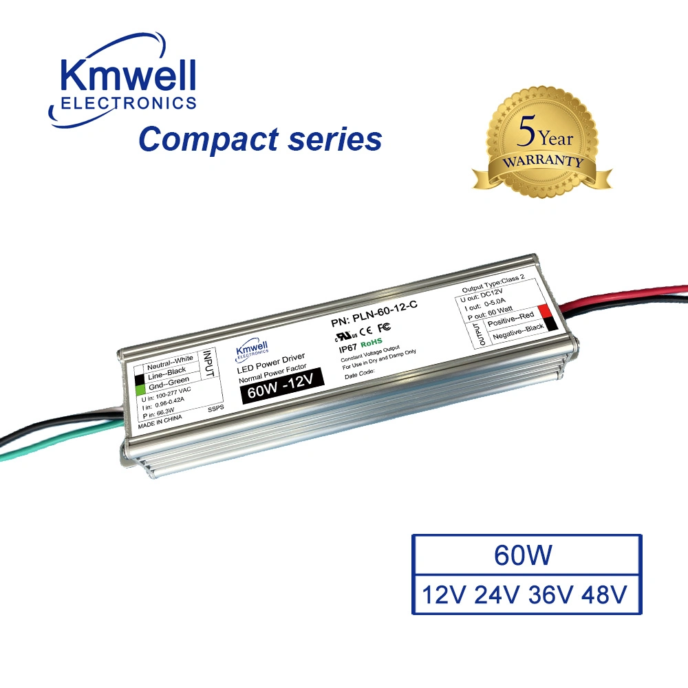 Tensión constante 60W 12V 24V 36V 48V 90-305V Canal AC/DC Fuente de alimentación de LED fino de salida única con CE UL SAA RCM IP67