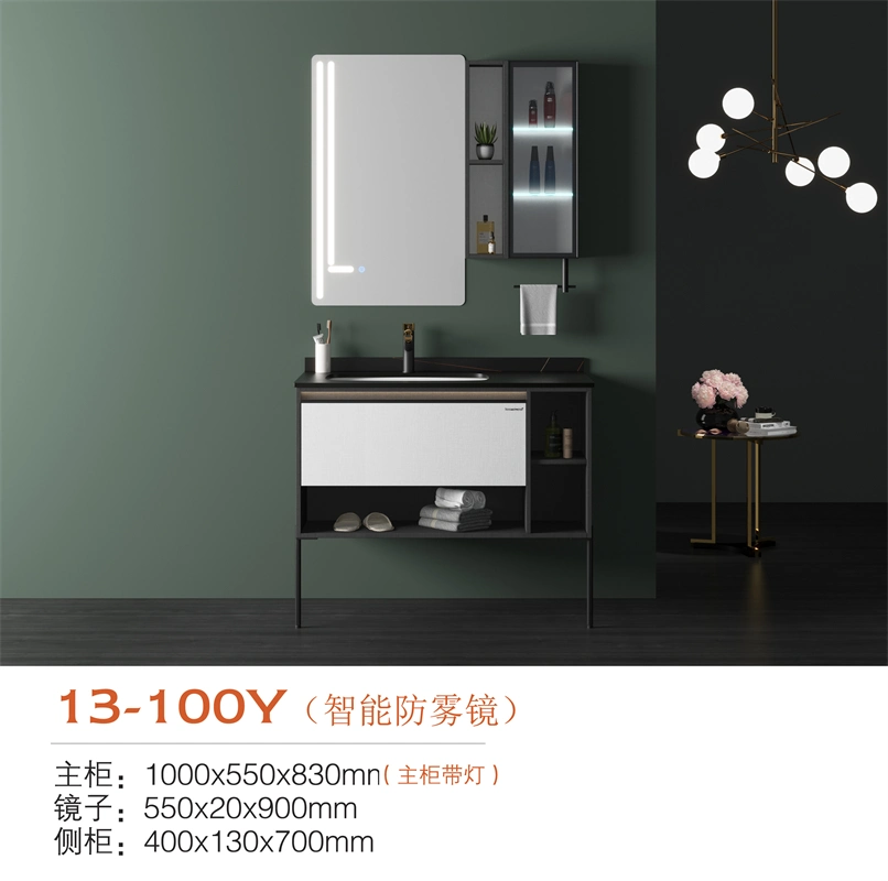 Easy Clean Luxury White Cabinet Door Bathroom Cabinet with Mirror Light Black Rock Slab Basin Solid Wood Floor Mounted Cabinet Bathroom Vanity