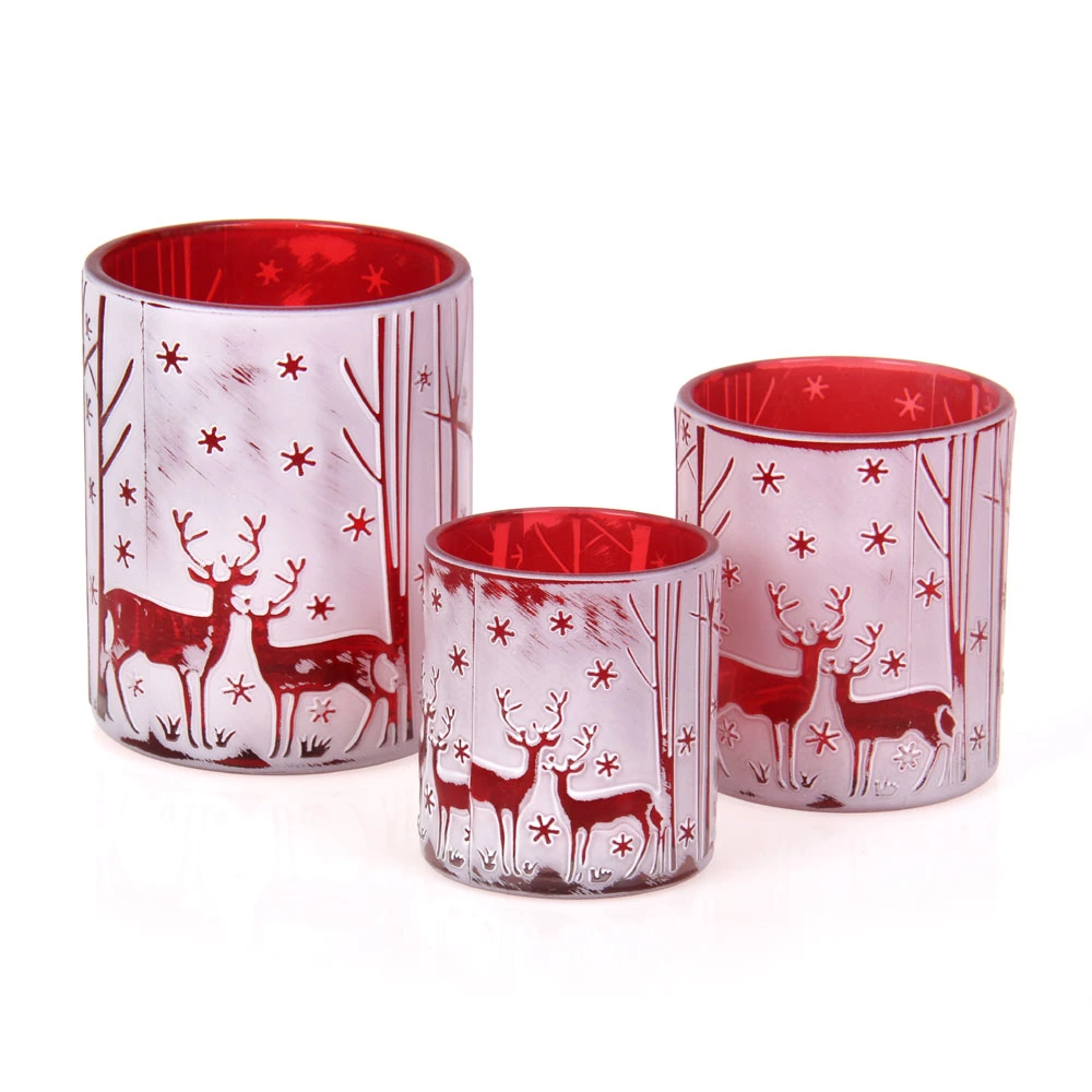 Wholesale/Supplier Customized Cylinder Votive Brush Color Embossed Glass Candle Holder Set Christmas Design