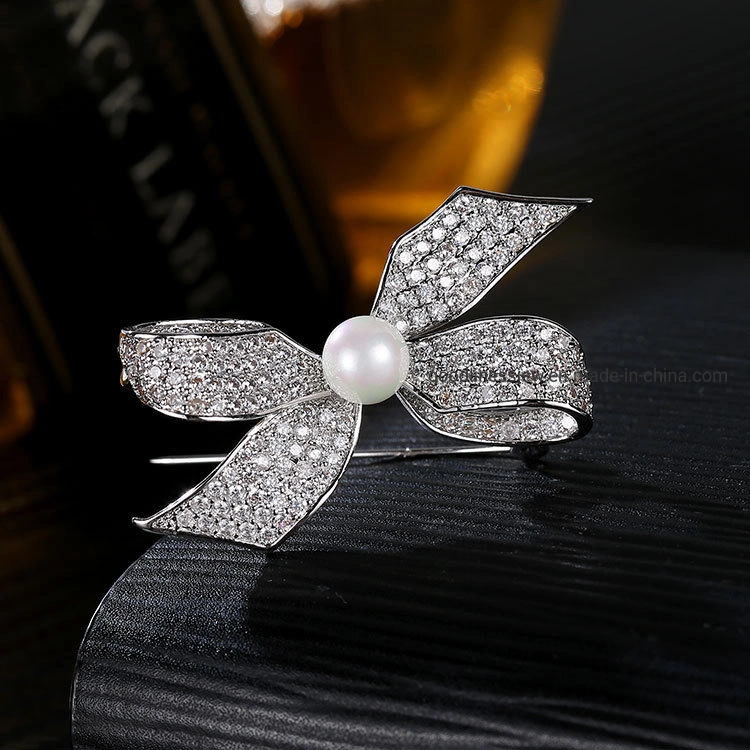 Bisutería 925 Joyería de Plata o latón Bowknot Brooch Pearl Brooch Cubic Zircon broches para la Mujer