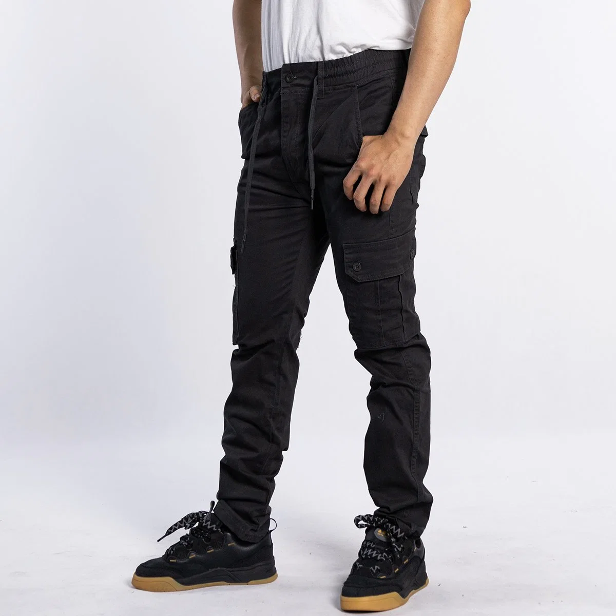 Custom European Style Elastic Waist Black Straight Fashion Men Cargo Pants