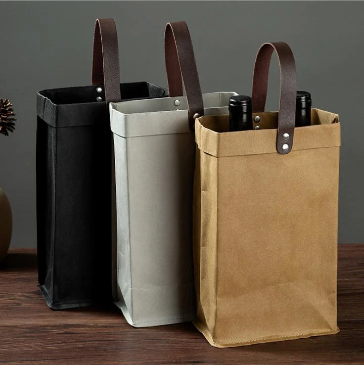 Original Factory Wholesale/Supplier 100% Reusable Kraft Paper Bags with PU Leather Handles,Eco-Friendly Natural Kraft Paper Storage Bag for Packaging Flowers/Wine/Rice/Food