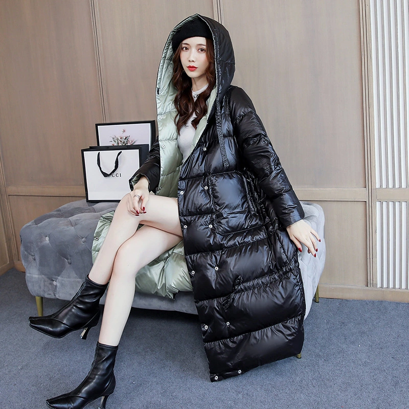 Высокое качество зимней моды женщин толстый теплый блестящих вниз заполнены пальто Длинный двусторонний Puffer куртка