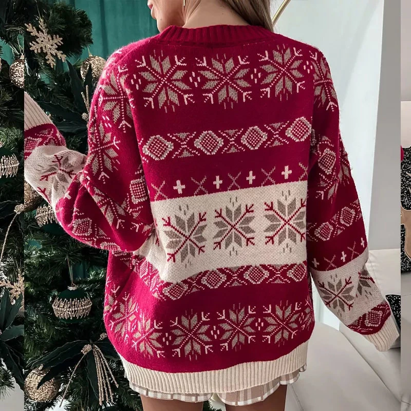 Dear-Lover Winter Wholesale/Supplier Designer Women Clothing Ladies Garment Knitted Snowflake Geometric Pattern Christmas Sweater