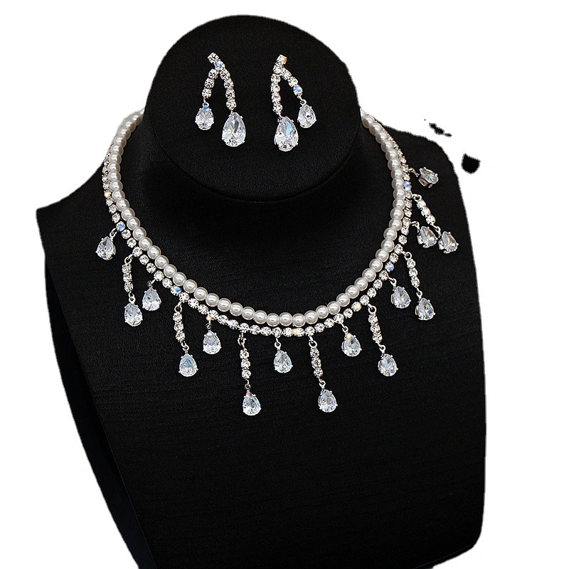 Yp192 Pearl Zircon Drop Necklace Collar Chain Earring Set Wedding Accessory