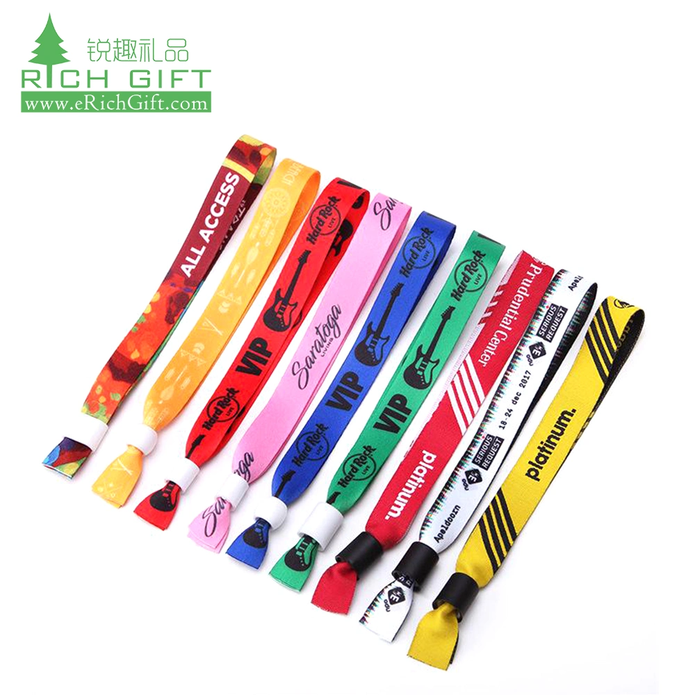 Promotion Custom Fashion Festival Event Printed Rainbow Elastic RFID Textile Polyester Fabric Bracelet Coachella Friendship Satin Ribbon Nylon Woven Wristband