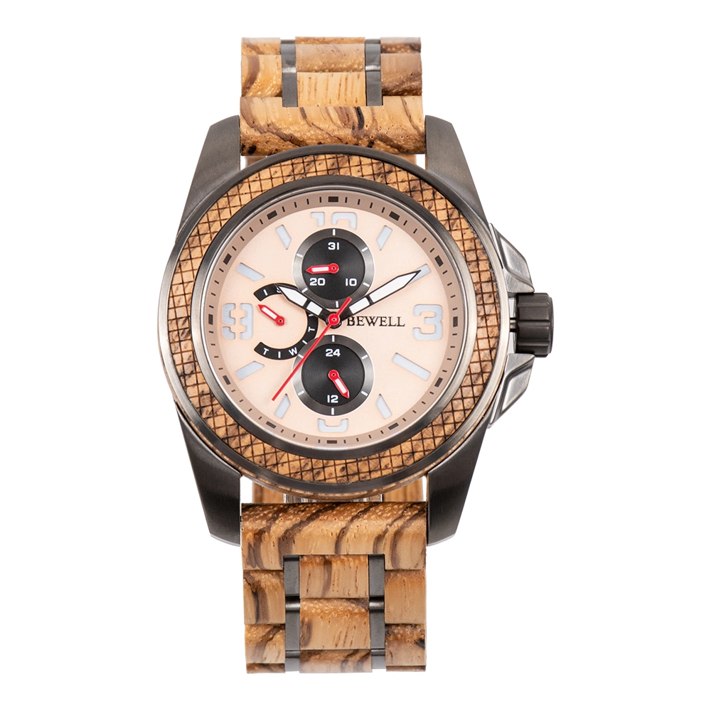 Bewell New Arrival Luxury Stainless Steel with Wood Case and Strap 3ATM Water Resistant Men Wood Chronograph Watch