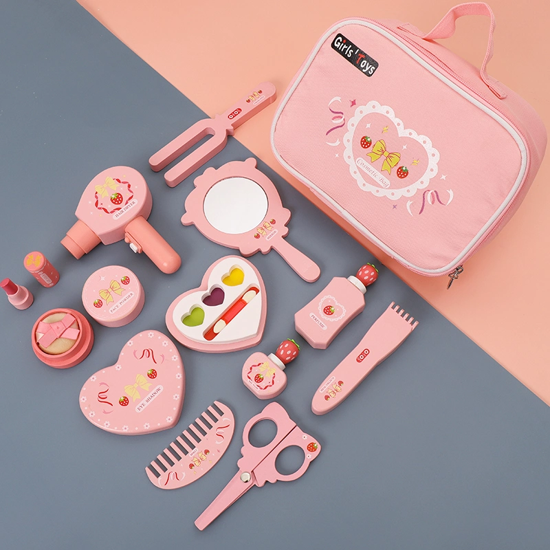 Factory Selling Pink Cosmetic Bag Wholesale/Supplier Comb and Other Accessories Toy Pretend Play Makeup Series Wood Toys for Girls Gifts