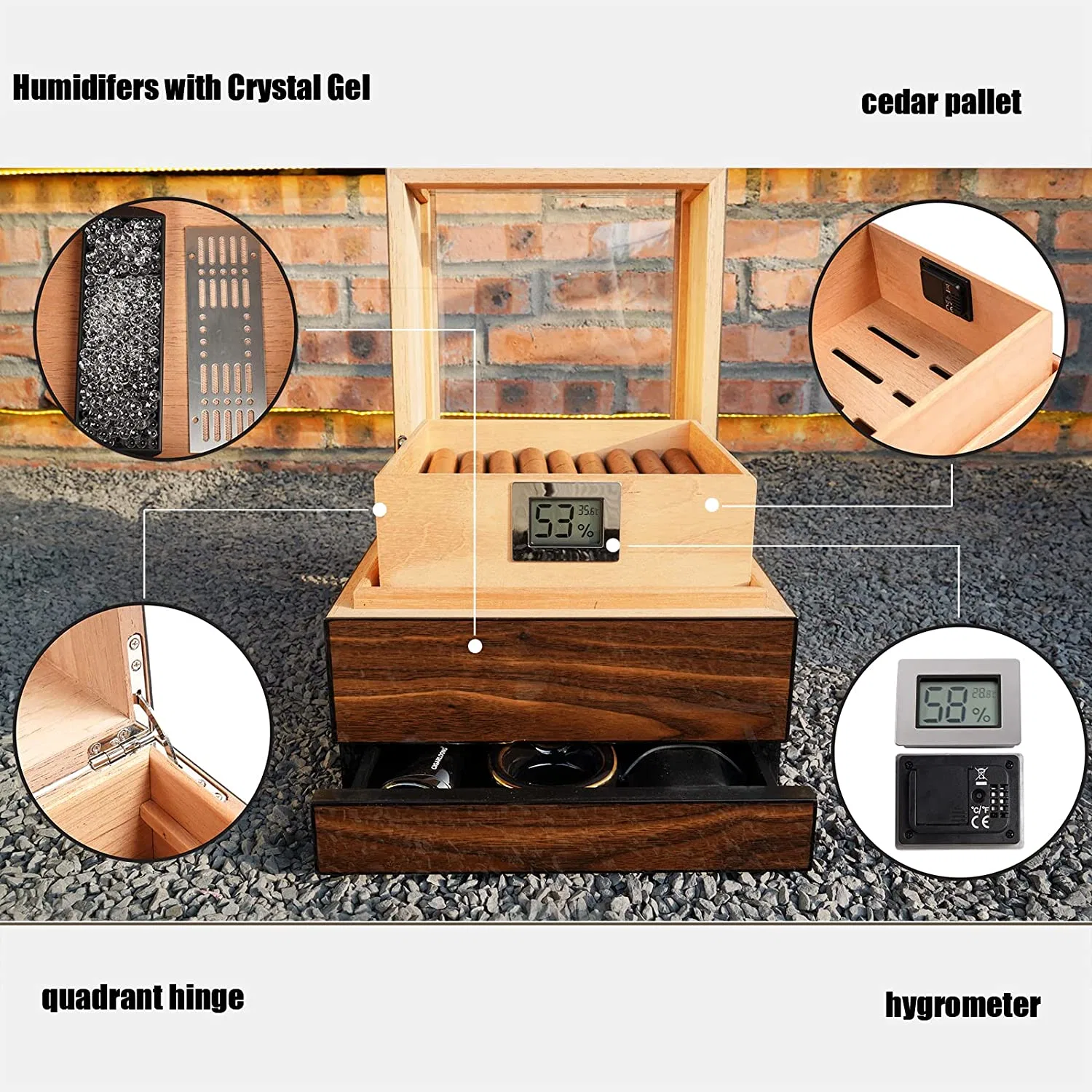 Caja de madera de cedro brillante Caja de cigarros a medida envase de lujo con Higrómetro Skylight Ndmcg-05