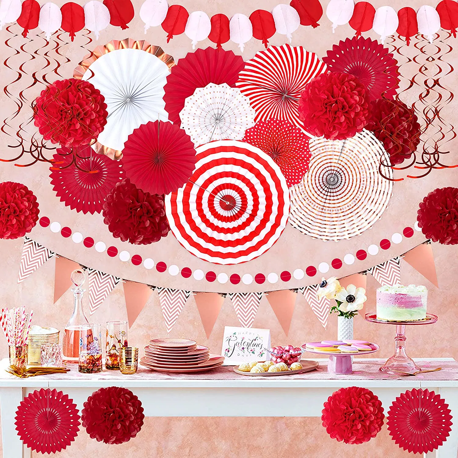 35PCS Party Decorations Paper Fan Hanging Set - Birthday, Wedding, Baby Shower, Circus, Festival, Valentine&prime; S Day, New Year Decoration Supply (Red)