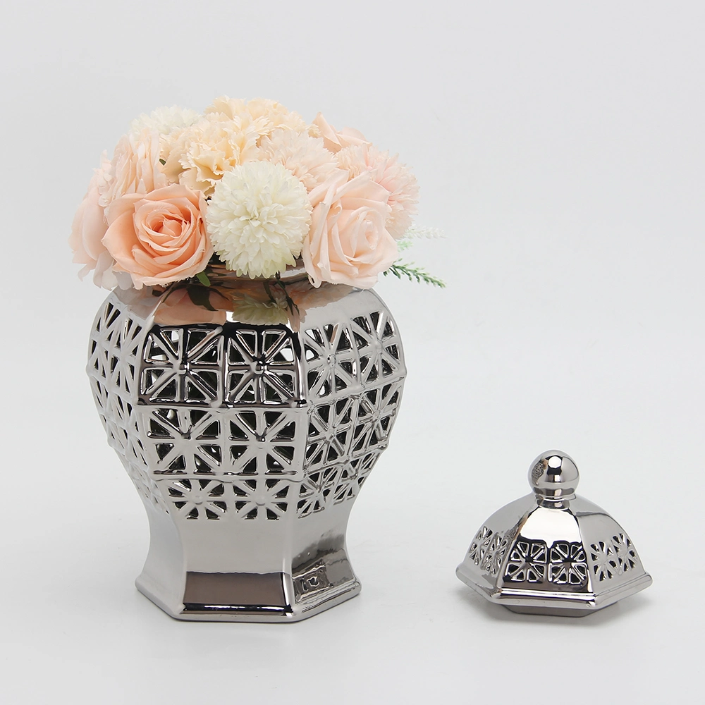 J139 New Design Porcelain Jar Flower Pot Home Decoration Handicraft Hollow out Ceramic Silver Vase for Home Decor