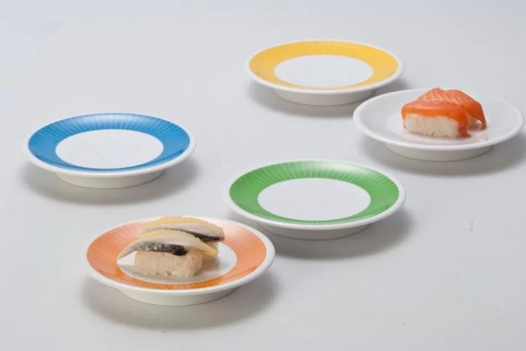 Custom Logo Japanese Plastic Melamine Round Conveyor Belt Sushi Plate for Sushi Train