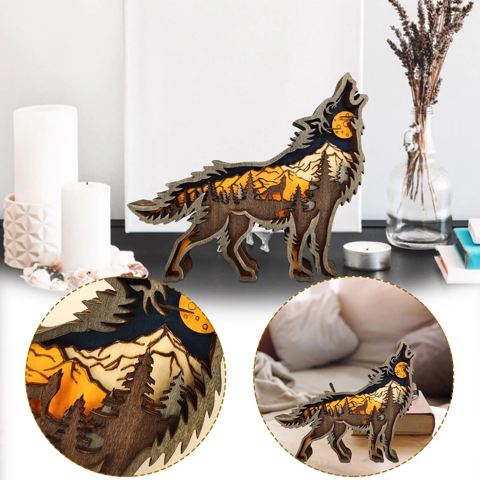 Factory 3D Hollow Wooden Wolf Decoration Painted Carved Landscape Creative Home Wall Art Decor Crafts