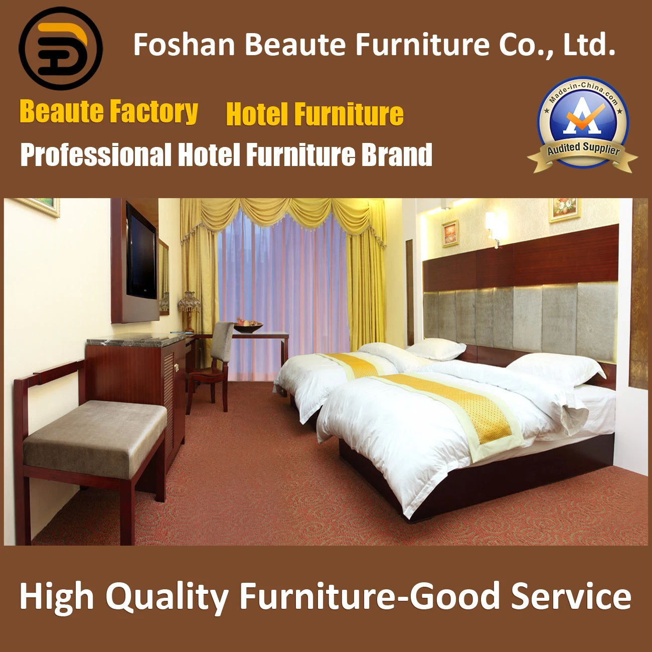 Customized Wooden Complete Modern King Size Two Queen Beds Furniture Set for Hotel Room