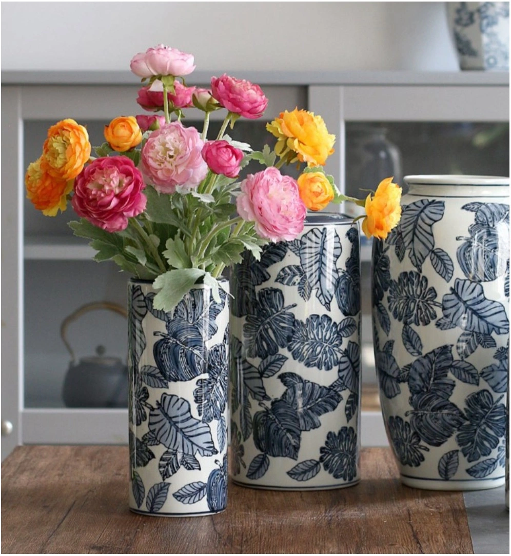 Handgemachte Keramik Blau und Weiß Blumenvase hoch Dekoratives Porzellan Keramik