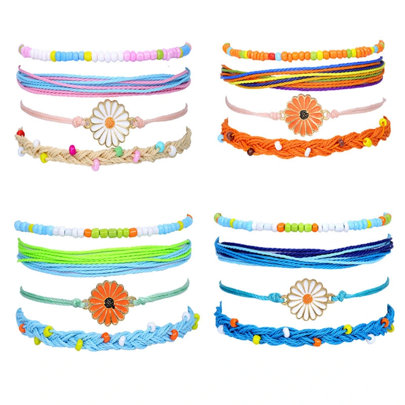 Caliente la venta de Hilo de cera impermeable tejidas a mano Pulsera de Bohemia Daisy amistad con reborde de aleación de pulsera para mujer