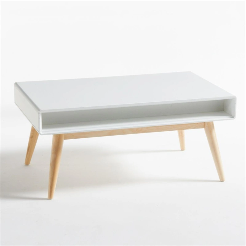 Mesa de café de madera blanca rectangular con un cajón