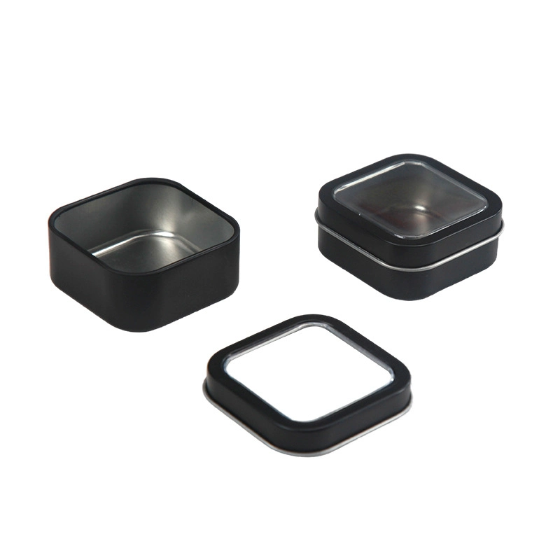 2 Oz Ventana pequeña tapa los envases de metal negro caso Tin Tin vela cuadrada con tapa