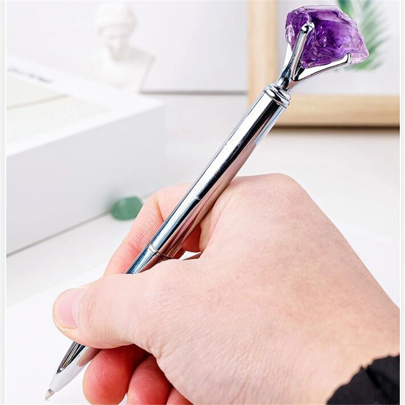 Natural Piedra Cristal Amatista original Piedra bolígrafo Metal bolígrafo Colección Silver Fashion Rotating Signature Pen