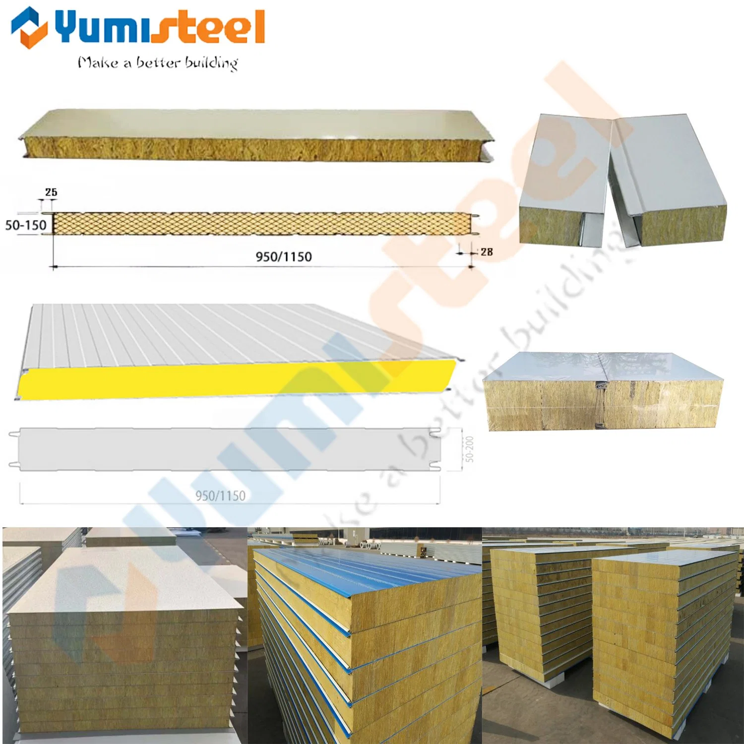 Fireproof Rockwool/EPS Insulated Steel Roof/Wall Sandwich Panels for Steel Buildings