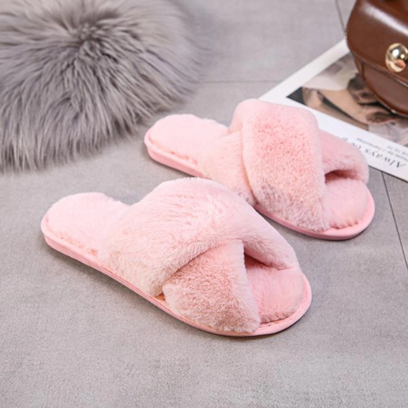 Otoño Invierno Moda Mujer cubierta de pieles de conejo de peluche cruzar los dedos del pie abierto zapatillas