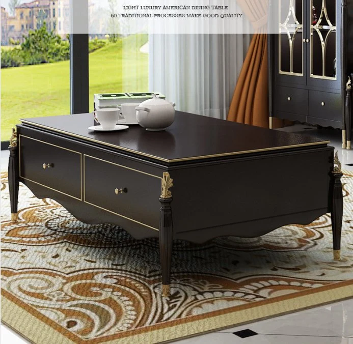 High-End American Light Luxury Living Room Furniture Complete Carved Solid Wood Golden Painted Black Coffee Table