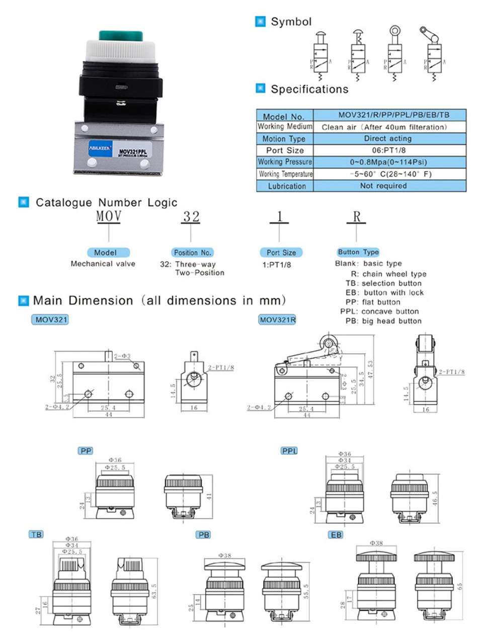 Factory Price MOV Series 3/2 Way Aluminum Alloy Distinctive MOV321r Manually Mechanical Pneumatic Valve